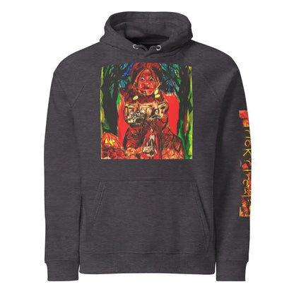 Dark gray pullover hoodie featuring Matthew Dye art horror-themed design for Halloween