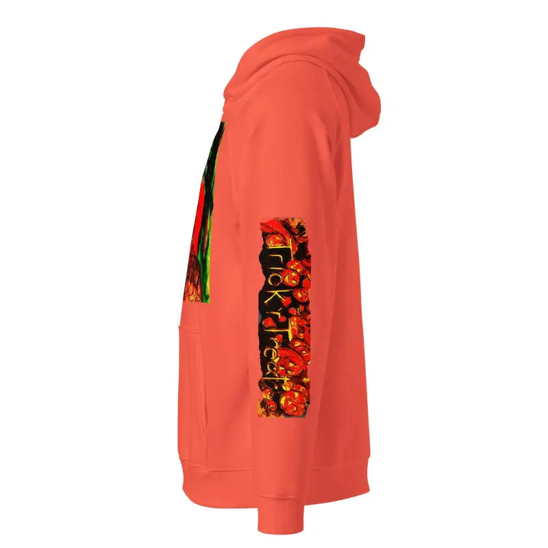 Coral hoodie with graphic text, featuring Matthew Dye Art for Halloween charm