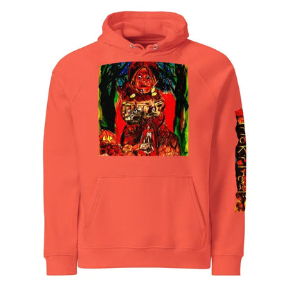 Coral hoodie featuring Matthew Dye art’s dark graphic design for Halloween charm