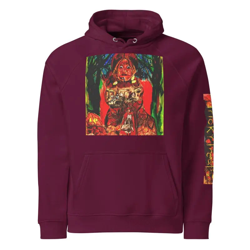 Burgundy hoodie featuring colorful Matthew Dye art graphic for Halloween charm