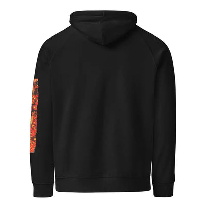 Black hoodie sweatshirt featuring red patterned sleeves from Matthew Dye Art collection