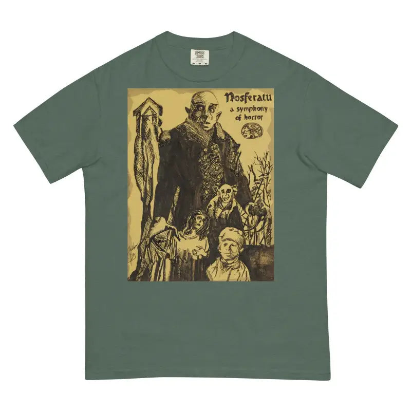 Green T-shirt with vintage Nosferatu movie poster design for Halloween heavyweight style