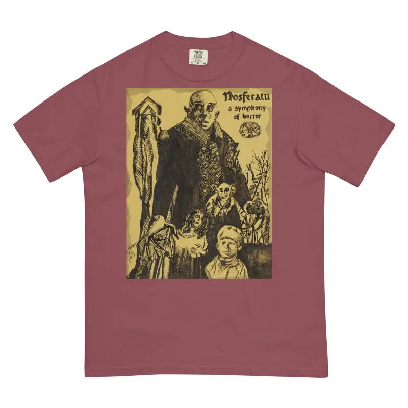 Burgundy T-shirt with vintage Nosferatu movie poster design for Halloween heavyweight fashion