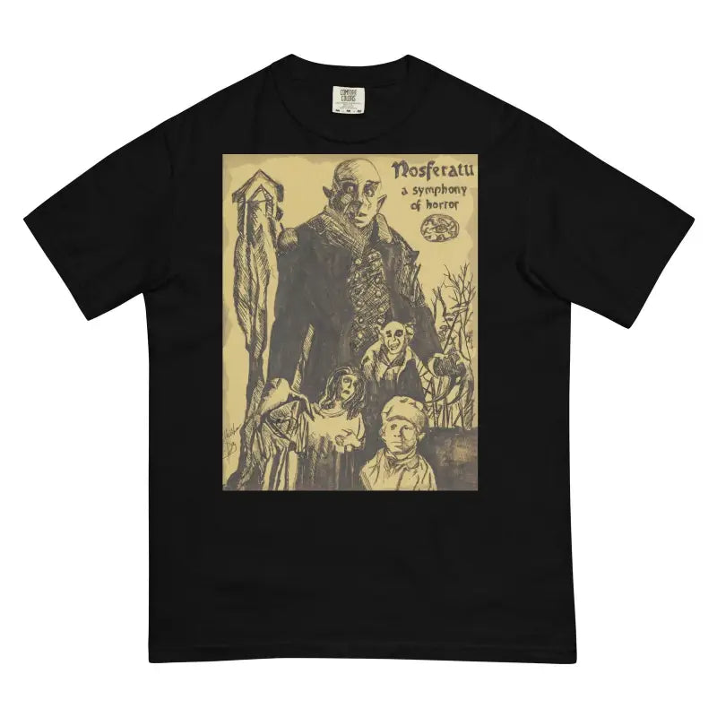 Black t-shirt with vintage Nosferatu horror poster artwork in sepia tones for Halloween heavyweight