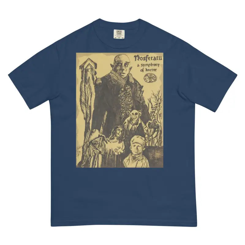 Navy blue t-shirt with vintage horror movie poster in sepia for Nosferatu Halloween Heavyweight