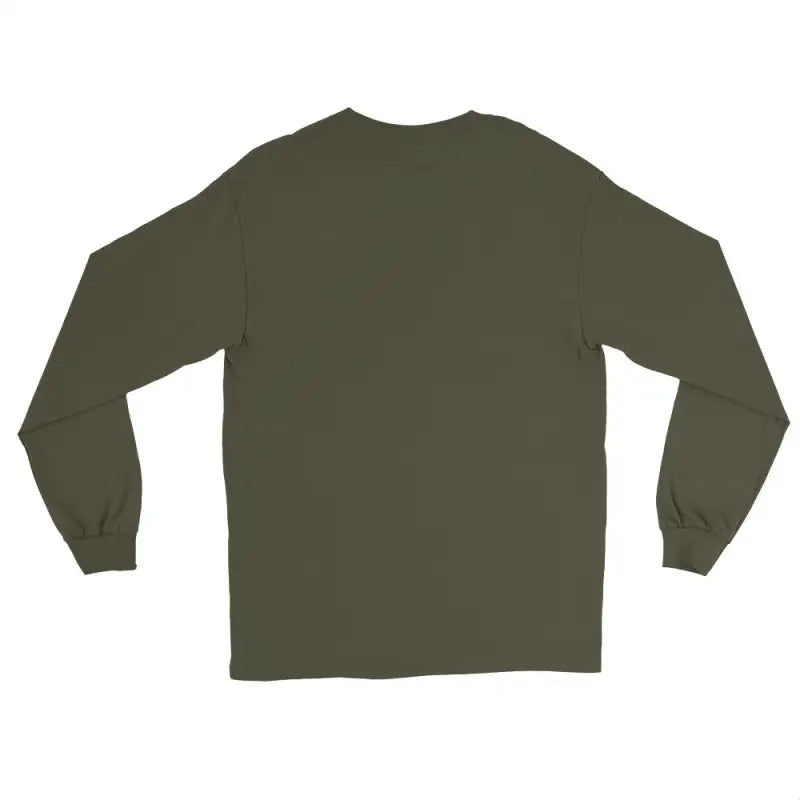 Olive green long-sleeved crew neck t-shirt featuring spooktacular comfort design