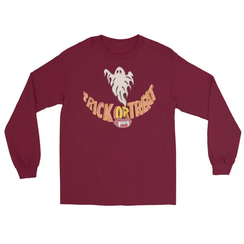 Burgundy long sleeve t-shirt with ghost design for Spooktacular Comfort and Halloween fun