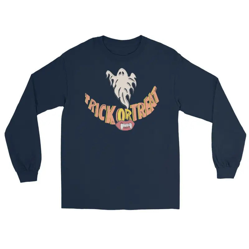 Navy blue long sleeve t-shirt with Trick or Treat text and ghost design for spooktacular comfort