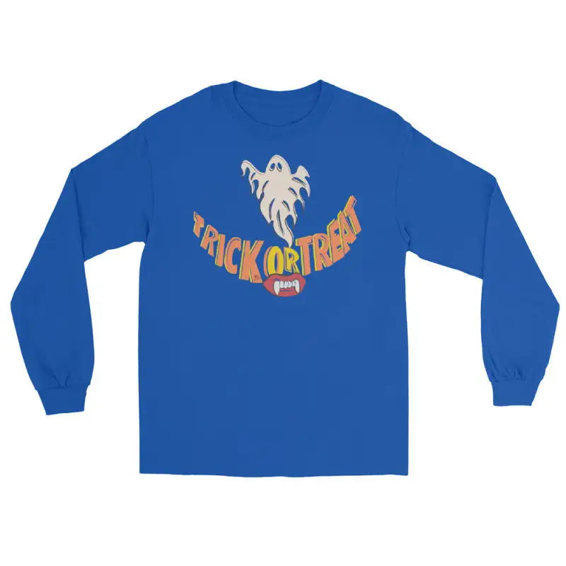 Royal blue long sleeve t-shirt featuring Trick or Treat ghost design for spooktacular comfort