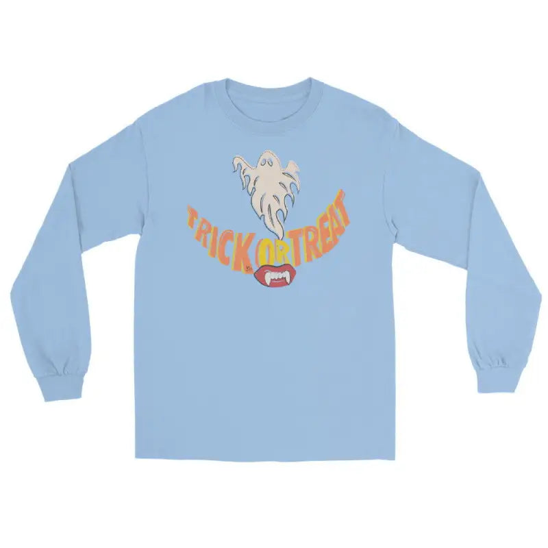 Light blue long sleeve t-shirt with ghost design and Trick or Treat text for spooktacular comfort