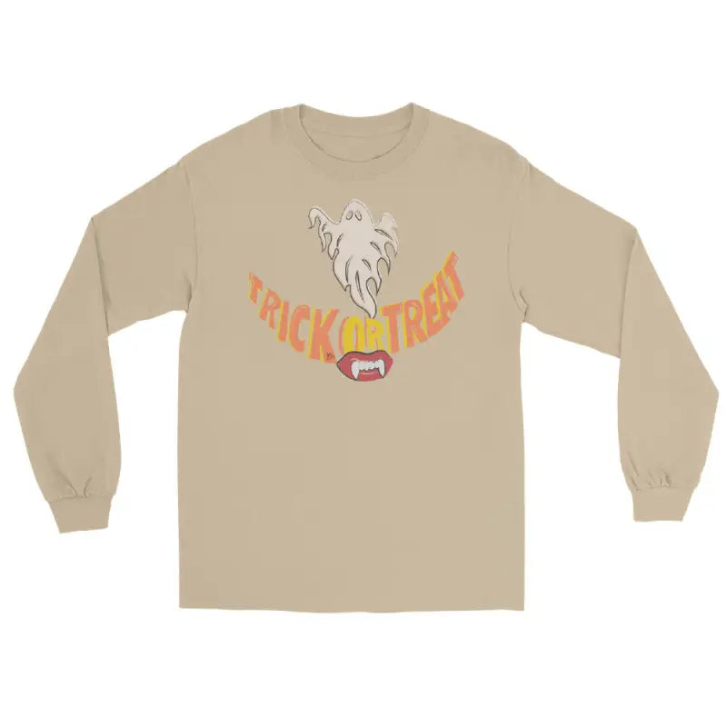 Beige long sleeve t-shirt featuring ghost and Trick or Treat design for Spooktacular Comfort