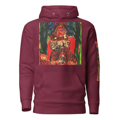 Burgundy unisex hoodie featuring colorful graphic design for Trick ’r Treat Halloween spirit