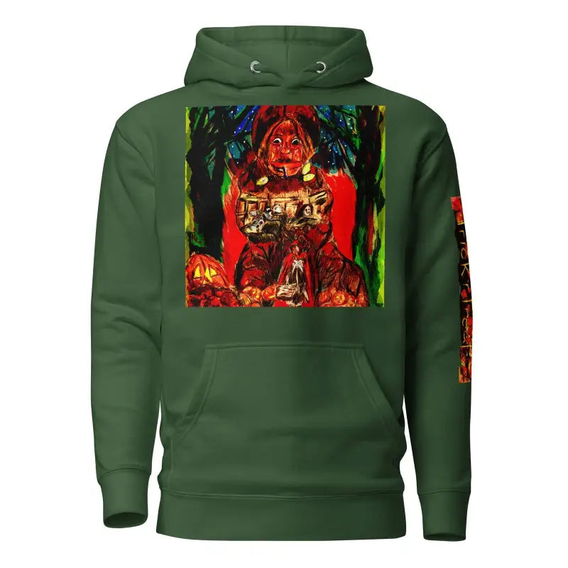 Forest green unisex hoodie featuring red and black Trick ’r Treat graphic design