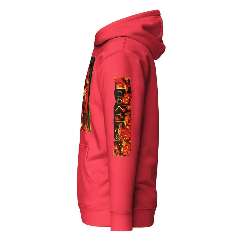 Red unisex hoodie featuring orange graphics on sleeve for Trick ’r Treat collection