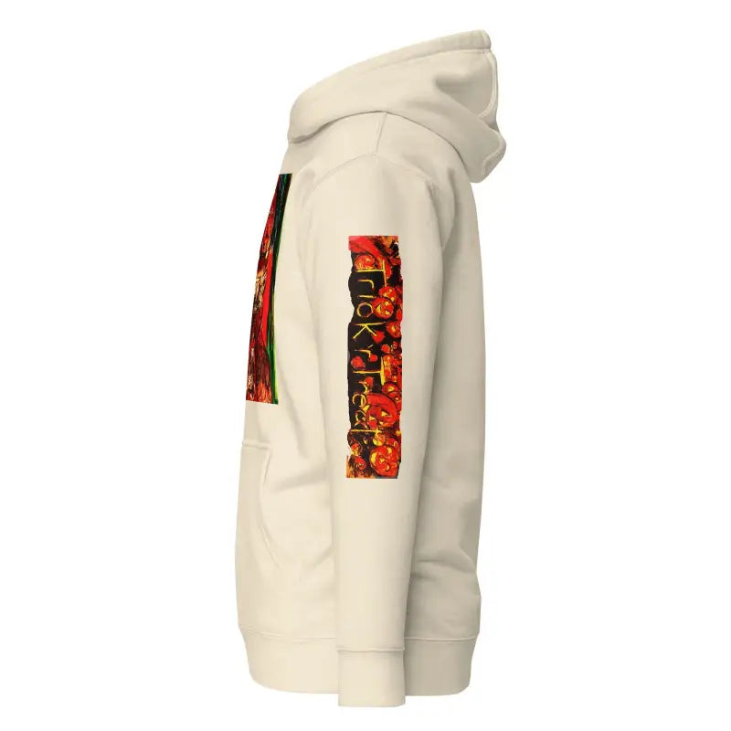 White Trick ’r Treat unisex hoodie with red and black graphic text on the sleeve