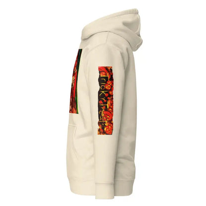 White Trick ’r Treat unisex hoodie with red and black graphic text on the sleeve