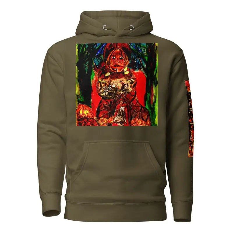 Olive green Trick ’r Treat unisex hoodie featuring colorful horror-themed graphics