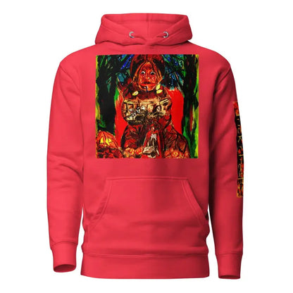 Red pullover unisex hoodie featuring dark artistic graphic design for Trick ’r Treat