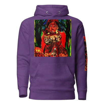 Purple Trick ’r Treat unisex hoodie featuring dark horror-themed graphic design