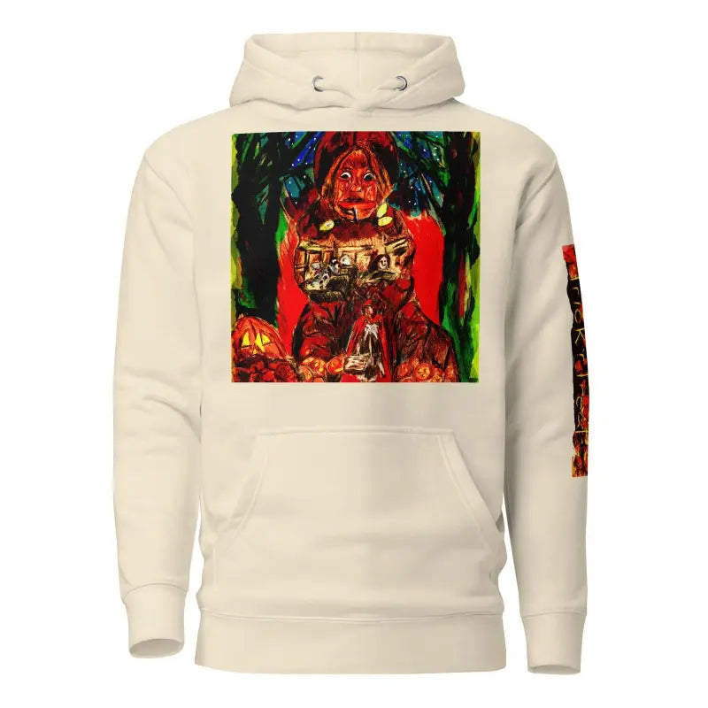 White unisex hoodie featuring colorful graphic design for Halloween, Trick ’r Treat style