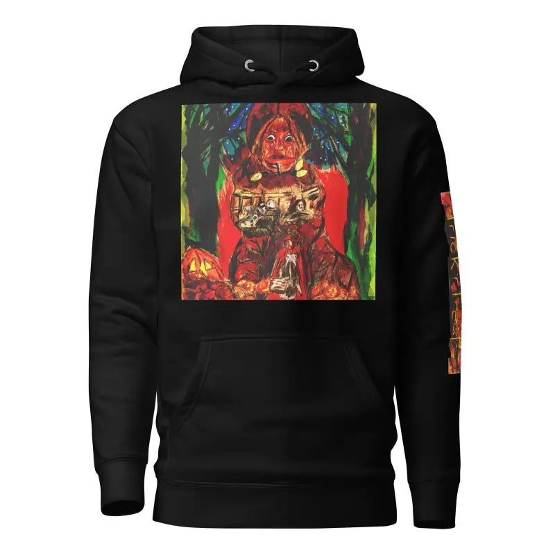 Black pullover unisex hoodie with colorful horror graphic print for Trick ’r Treat apparel