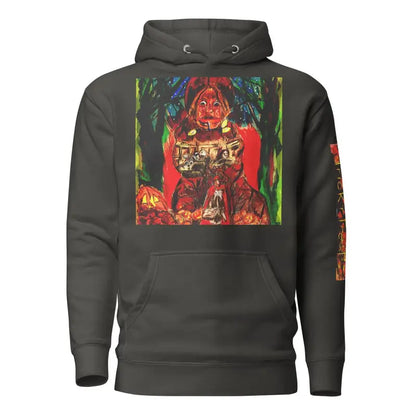 Dark gray unisex hoodie with colorful horror artwork, inspired by Trick ’r Treat theme