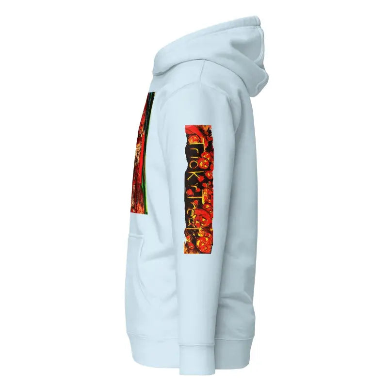 White Trick ’r Treat unisex hoodie with vibrant red and orange graphic sleeve designs