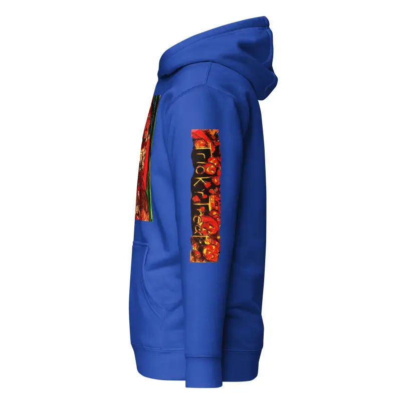 Royal blue unisex hoodie featuring red and orange graphic text, Trick ’r Treat design