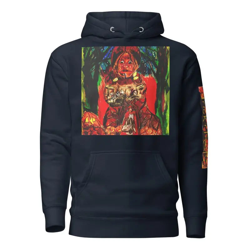 Black pullover unisex hoodie with colorful horror graphic design for Trick ’r Treat