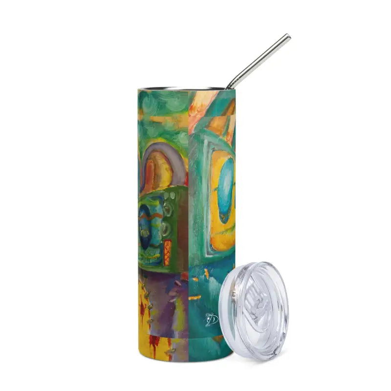 Colorful abstract-patterned stainless steel tumbler with metal straw and clear lid