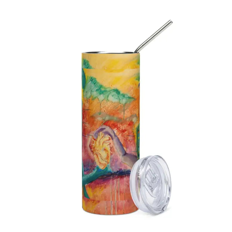 Colorful stainless steel tumbler featuring a watercolor dinosaur design and metal straw