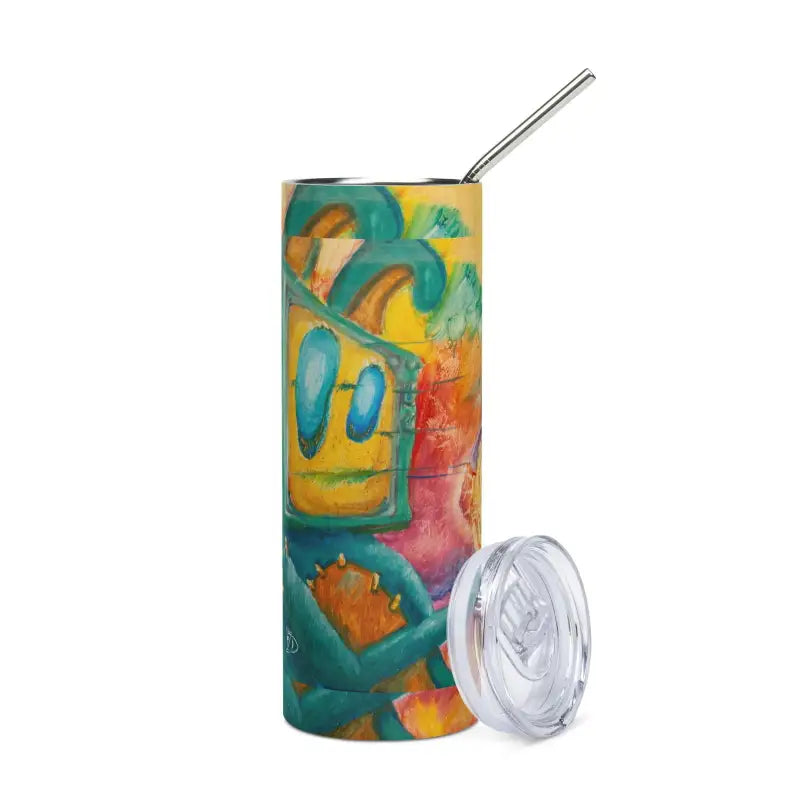 Colorful graffiti-style stainless steel tumbler with a metal straw and clear lid