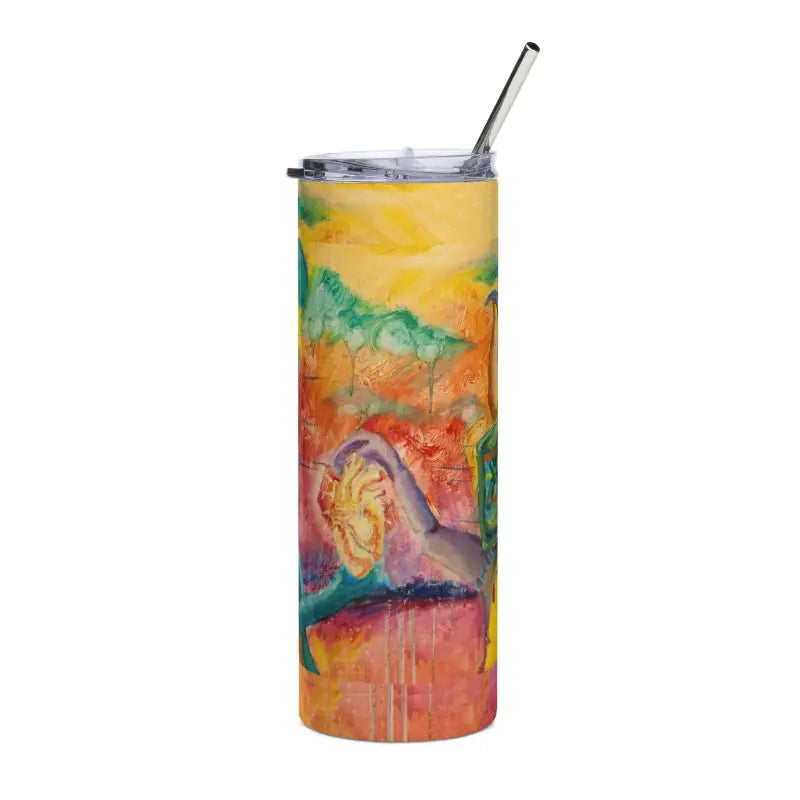 Colorful watercolor-style stainless steel tumbler with straw and lid, a remarkable vessel adorned