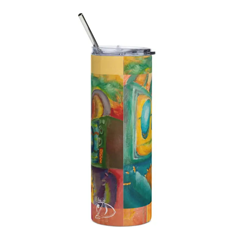 Colorful stainless steel tumbler with artistic design and metal straw for elegant hydration