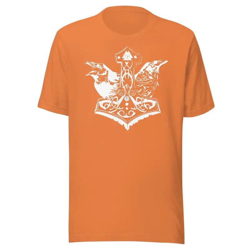 Orange White Mjölnir T-Shirt featuring striking Mjölnir graphic and ravens, showcasing heathen pride