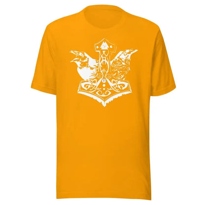 Gold t-shirt featuring a white Mjölnir and ravens design for Heathen Pride enthusiasts