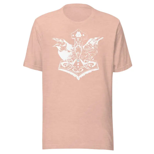 Pink Heathen Pride White Mjölnir T-Shirt with raven design, showcasing Norse mythology