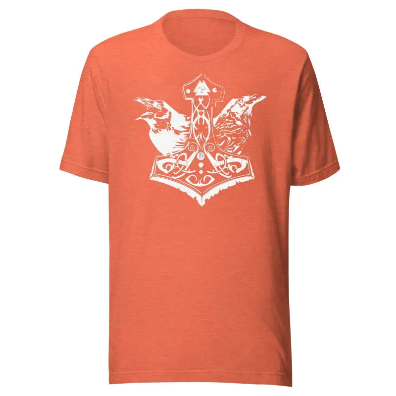 Orange T-shirt with striking Mjölnir graphic, showcasing heathen pride woven through design