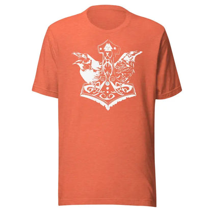 Orange Heathen Pride White Mjölnir T-shirt with Thor’s hammer and ravens design