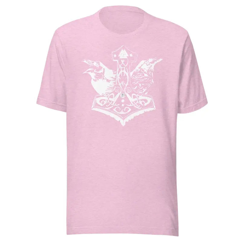 Pink t-shirt featuring a striking Mjölnir graphic with butterfly and ribbon design