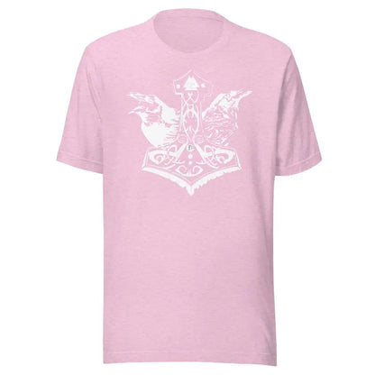 Pink White Mjölnir T-Shirt featuring a white butterfly and ribbon design for Heathen Pride