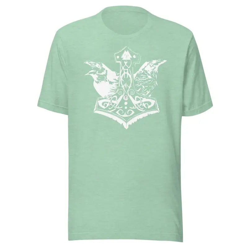 Mint green t-shirt featuring a white Mjölnir and ravens design for heathen pride