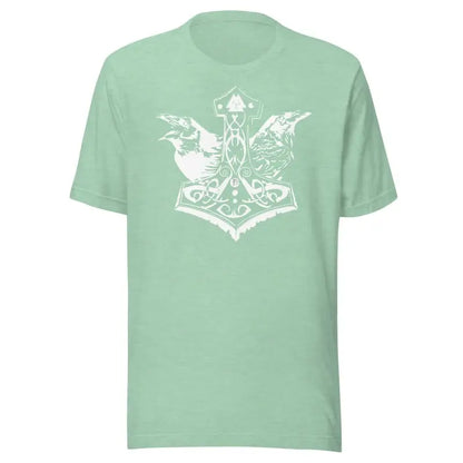 Mint green t-shirt featuring a white Mjölnir and ravens design for heathen pride