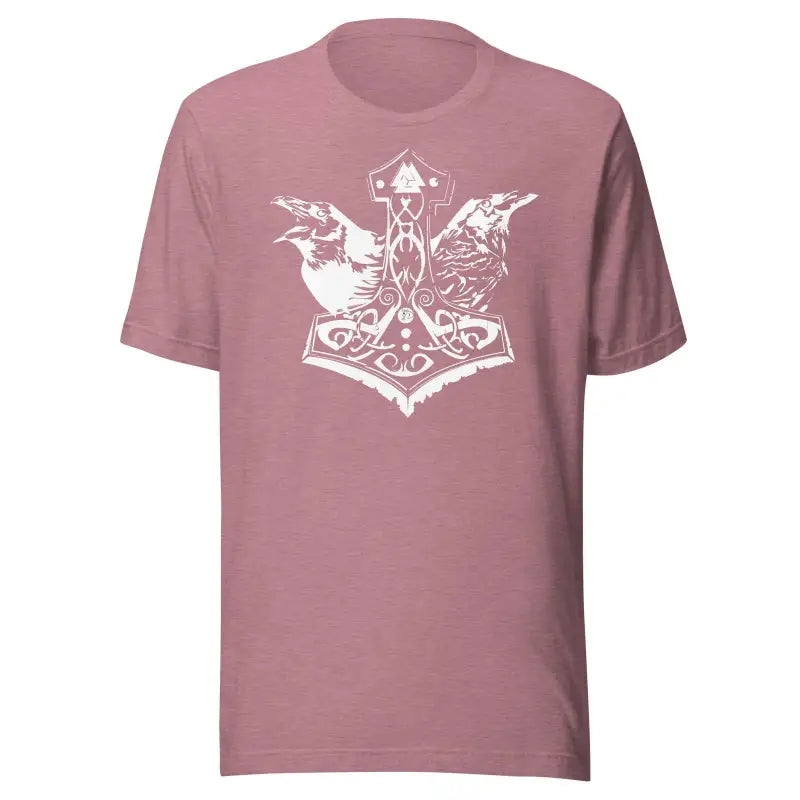 Mauve t-shirt with striking Mjölnir graphic and ravens showcasing heathen pride woven