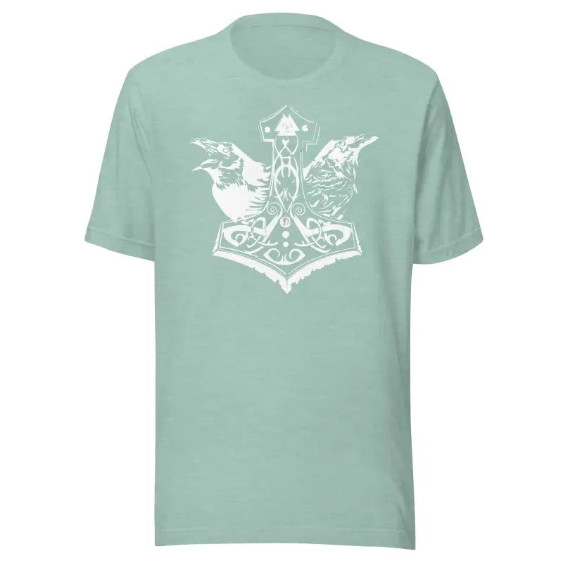 Mint green white Mjölnir t-shirt featuring Norse-style Thor’s hammer and ravens design