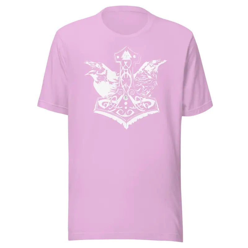 Pink T-shirt featuring striking Mjölnir graphic celebrating heathen pride woven design