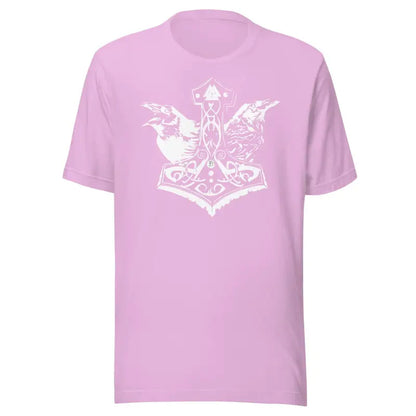 Pink t-shirt featuring white Mjölnir design, embodying Heathen Pride aesthetic