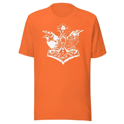 Orange t-shirt featuring white Mjölnir design symbolizing Heathen Pride with ravens