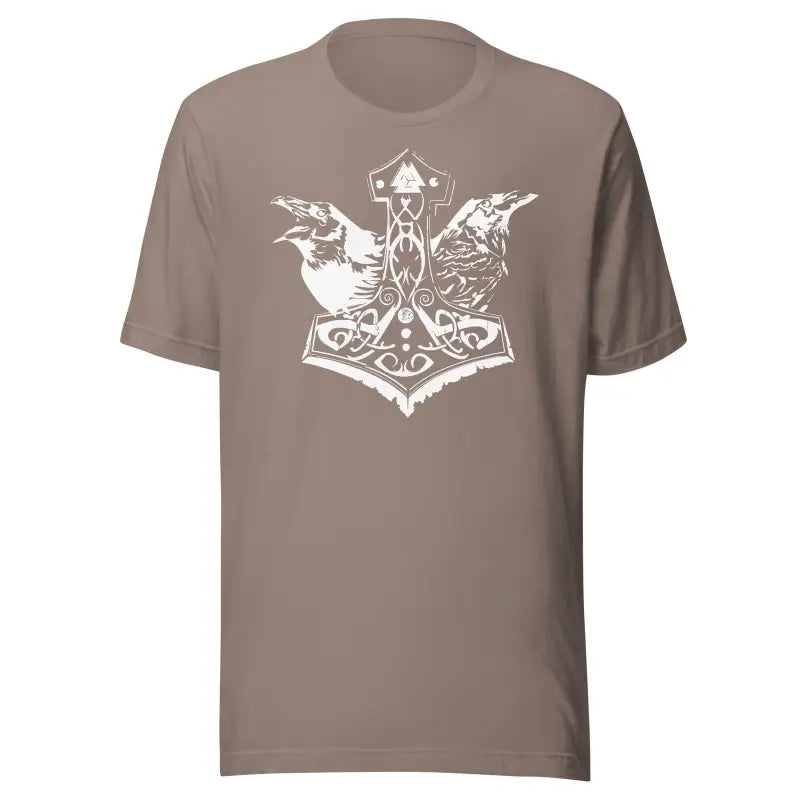 Brown t-shirt with white Mjölnir graphic and ravens, showcasing heathen pride woven