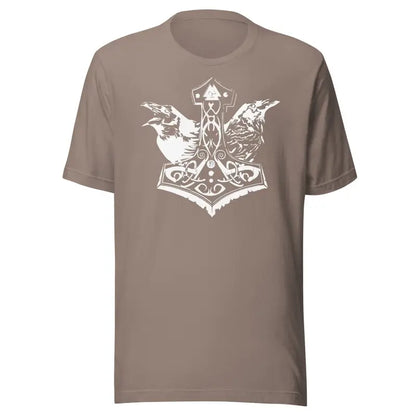 Brown t-shirt showcasing white Mjölnir design with ravens for Heathen Pride collection